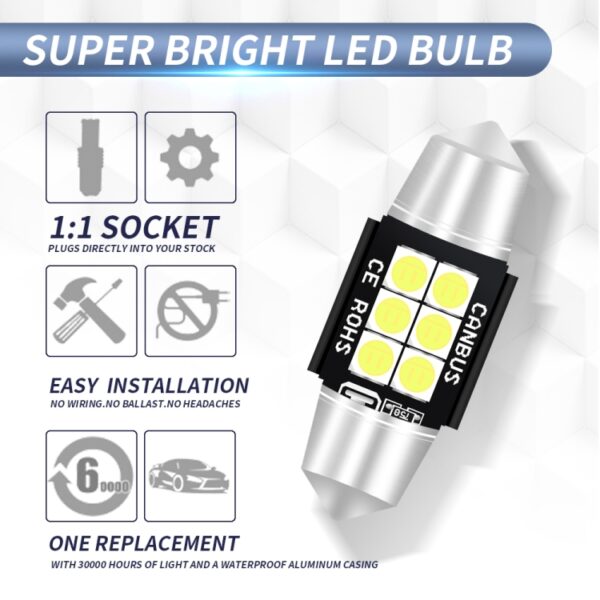 2 STUKS 31mm DC12V-24V 3W 6000K 660LM 6LEDs SMD-3030 Auto Leeslamp / Kentekenverlichting - Afbeelding 4
