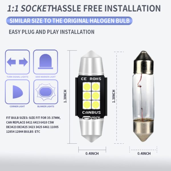 2 STUKS 36mm DC12V-24V 3W 6000K 660LM 6LEDs SMD-3030 Auto Leeslamp / Kentekenverlichting - Afbeelding 3