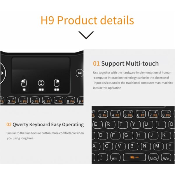 H9 2,4 GHz Mini Wireless Air Mouse QWERTY-toetsenbord met witte achtergrondverlichting en touchpad voor pc, tv, with White Backlight - Afbeelding 5