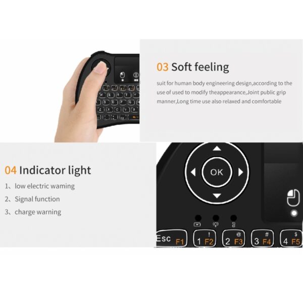 H9 2,4 GHz Mini Wireless Air Mouse QWERTY-toetsenbord met witte achtergrondverlichting en touchpad voor pc, tv, with White Backlight - Afbeelding 6