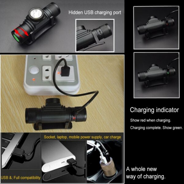 D20 5W XML-2 IPX6 waterdichte hoofdbandlamp, 1200 LM USB Opladen Draaifocus LED-koplamp voor buiten - Afbeelding 6