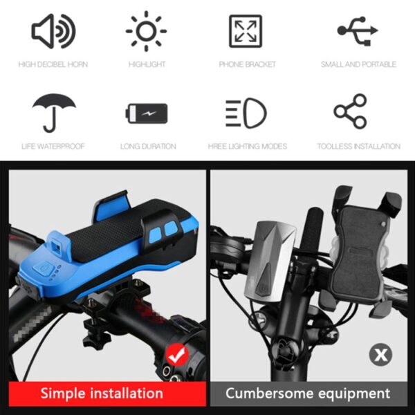Multifunctionele 4-in-1 telefoonhouder Fietsbel Power Bank Fietslamp Zaklamp, 4 in 1 Phone Holder - Afbeelding 6