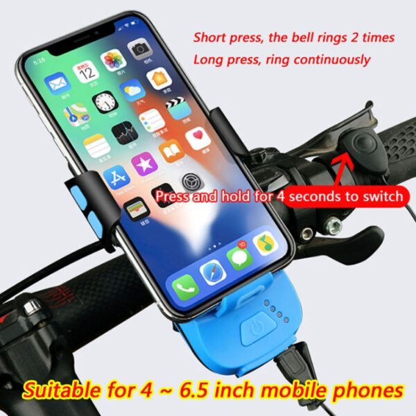 Multifunctionele 4-in-1 telefoonhouder Fietsbel Power Bank Fietslamp Zaklamp, 4 in 1 Phone Holder - Afbeelding 8