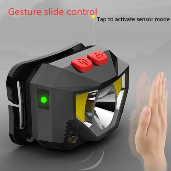 T09-COB LED Glare Koplamp Buitenverlichting USB Oplaadsensor Rood Licht Nacht Running Mini Vissen Koplamp - Afbeelding 3