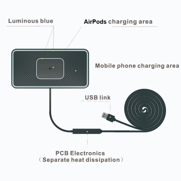 C1-PRO 2 in 1 auto draadloos opladen antislip pad met licht voor AirPods / iPhone, C1PRO Black - Afbeelding 4