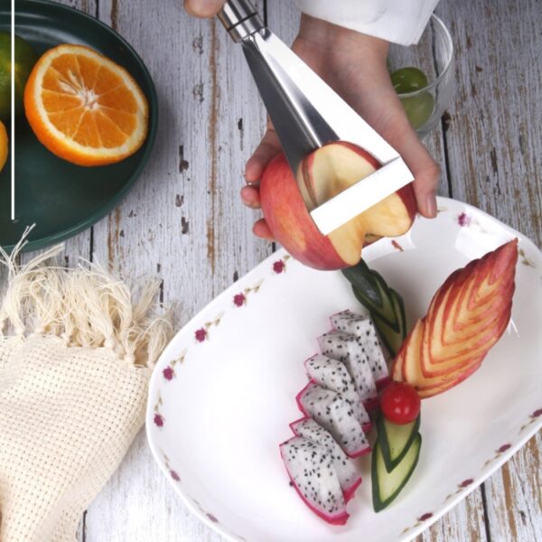 2 stks huishoudelijk roestvrij staal fruit snijwerk mes shaper bloemvormige plantaardige snijder - Afbeelding 5