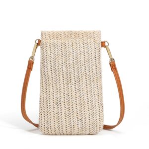 Zomer Strandtas Dames Een Schouder Mobiele Telefoon Tas Stro Portemonnee, Beige, Cream, Beige Magnetic Buckle, Cream Magnetic Buckle