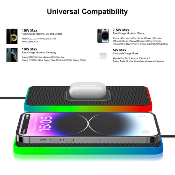 2 in 1 15W auto mobiele telefoon draadloze oplader antislipmat met kleurrijk licht, USB Cable 1m, USB-C/Type-C Cable 1m, USB Cable 0.3m, USB-C/Type-C Cable 0.3m - Afbeelding 2