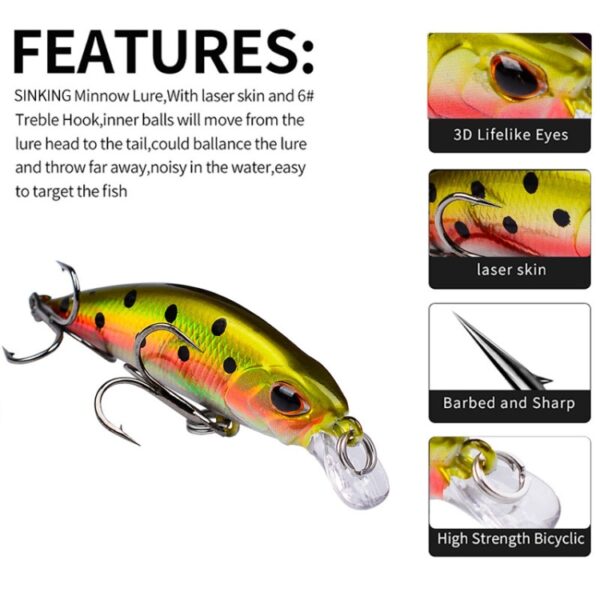 5.3cm 4.6g Zinkende Minnow Lokken Lange Casting Bionische Plastic Harde Aas Visgerei, PROBEROS DW577 8003 Hook, PROBEROS DW578 Ordinary Hook - Afbeelding 9