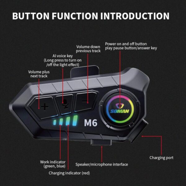 SOMAN Motorcycle Helmet Bluetooth Headset Stereo Voice Microphone, M6-Hard Mic, M6-Soft Mic - Afbeelding 13