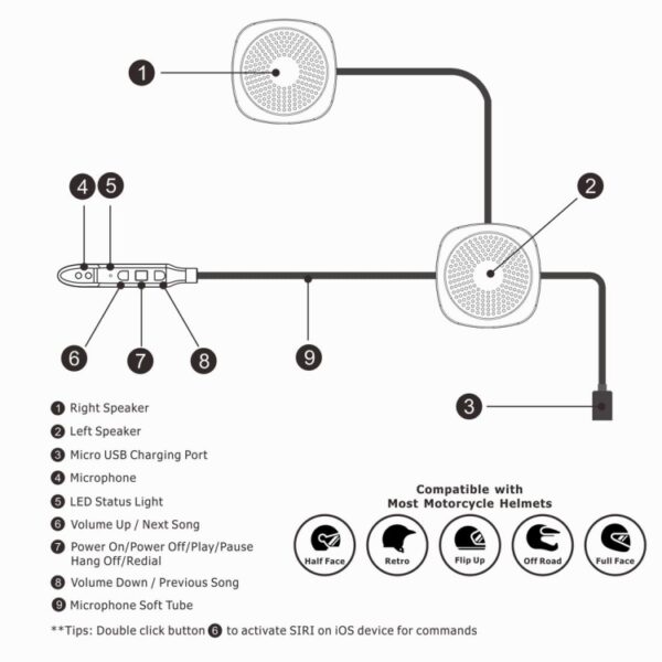 T2 Bluetooth V5.0 Helm-headset 5V voor motorrijden met anti-interferentiemicrofoon - Afbeelding 6