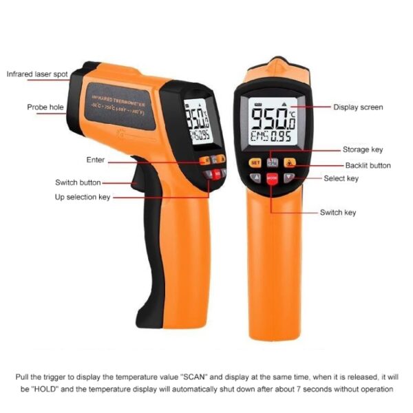 Infraroodthermometer, temperatuurbereik: -50 - 900 graden Celsius (geel) - Afbeelding 4
