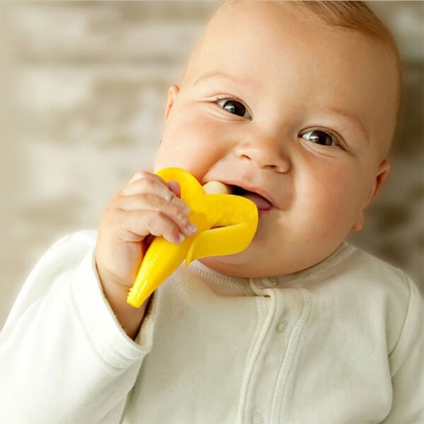 3 PCS Baby Siliconen Training Tandenborstel Banaan Vorm Veilig Waggel Bijtring Kauwen Speelgoed Tandjes Ring Cadeau voor Baby Baby Kauwen, Pink-B, Yellow-B - Afbeelding 8