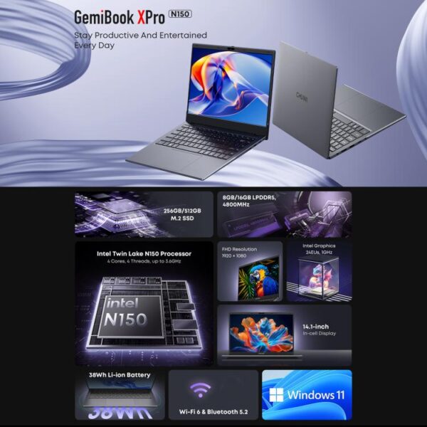 CHUWI GemiBook XPro 14,1 inch laptop, 16 GB + 512 GB, Windows 11 Intel Twin Lake N150 Quad Core, EU-stekker - Afbeelding 2