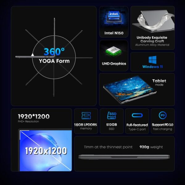 CHUWI MiniBook X Yoga Laptop, 10,51 inch, 16GB + 512GB, Windows 11, Intel Twin Lake N150 Quad Core, EU-stekker - Afbeelding 3