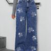 Women Jeans Autumn Floral Rhinestone Loose Straight Leg Denim Trousers Women Jeans