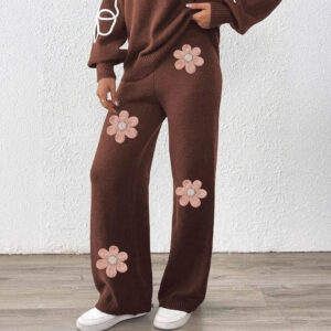 High Waist Casual Pants Wool Embroidered Floral Bead Stitching Straight Leg Pants Wide Leg Pants Woven Woollen Trousers