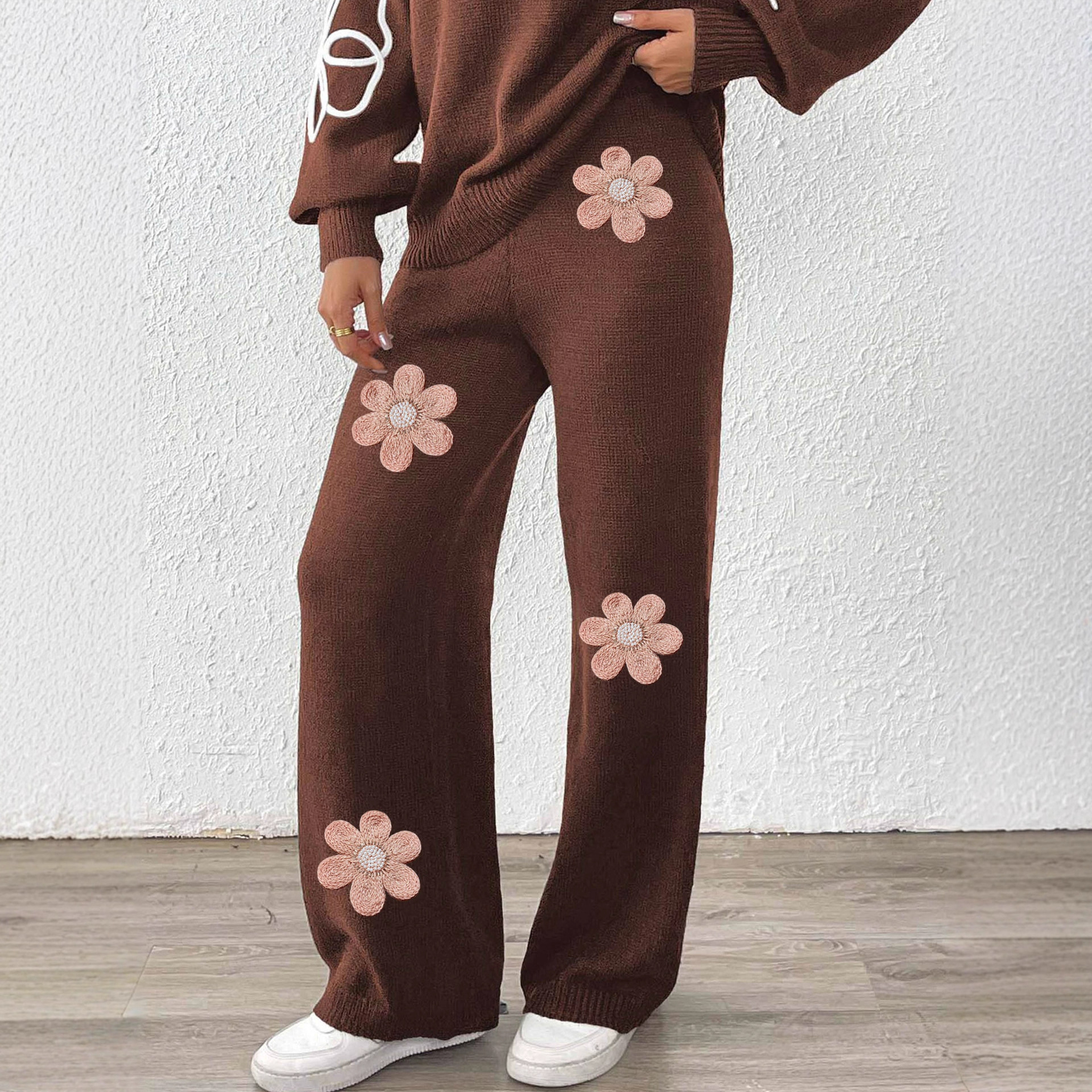 High Waist Casual Pants Wool Embroidered Floral Bead Stitching Straight Leg Pants Wide Leg Pants Woven Woollen Trousers