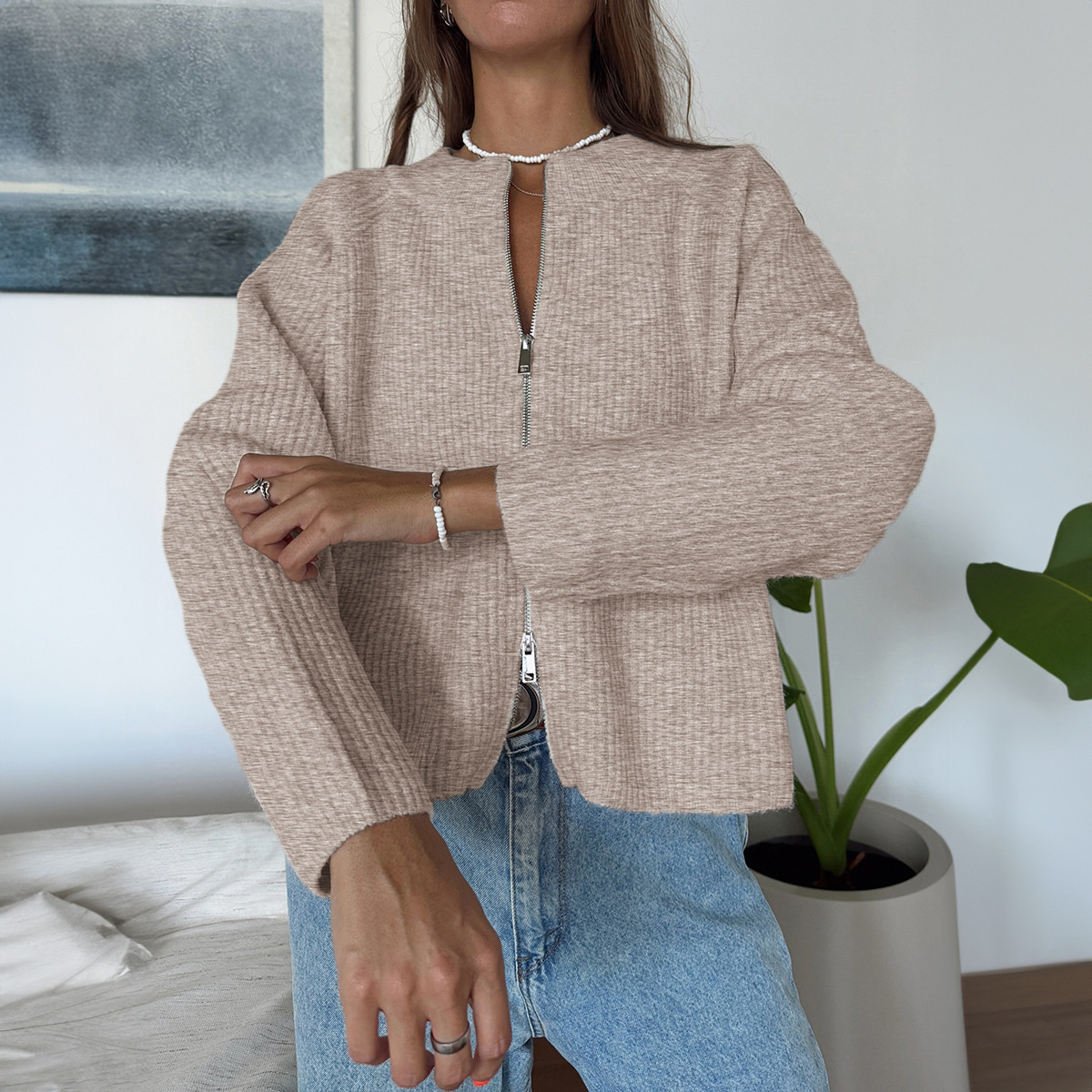 Women Clothing Autumn Winter Vacation Casual Zipper Shacket Sweaters - Image 3