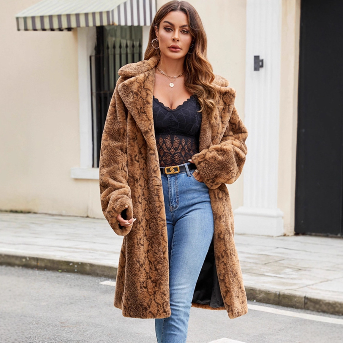 Autumn Winter Women Clothing Modern Retro Snakeskin Pattern Thickened Faux Fur Plush Coat