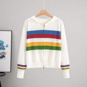 Autumn Winter Hooded Slim Fit Slimming Rainbow Long Sleeved Knitted Cardigan for Women Younger