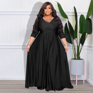 Plus Size Women Clothing Solid Color V Neck Sexy Wedding Clothes Dress