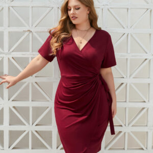 Plus Size Women Clothing Solid Color Casual Holiday Dress Bandage Vacation V Neck Mid Length Dress