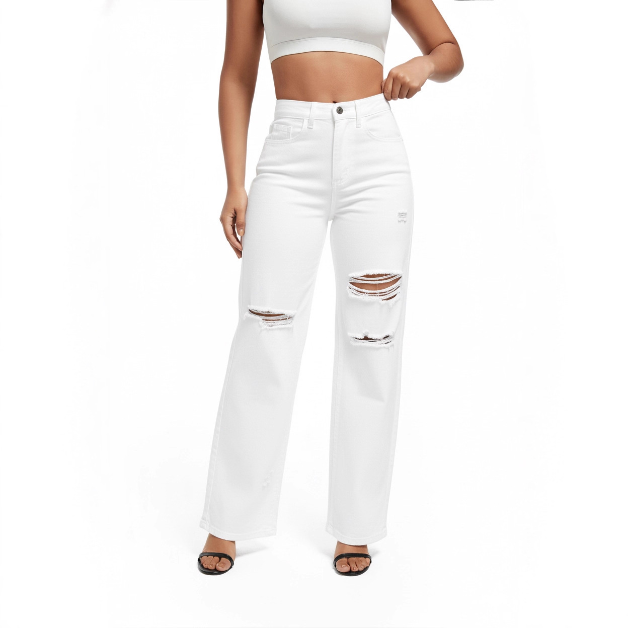 Denim Trousers for Women White Straight Cut Trendy Long Ripped Jeans