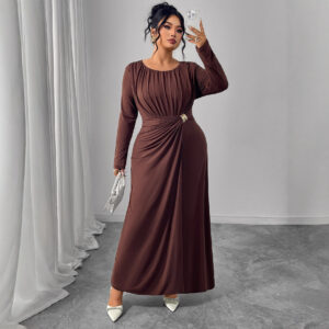 Plus Size Autumn Winter Brown Dress Women Clothes round Neck Long Sleeve Waist Design Pleated Dress