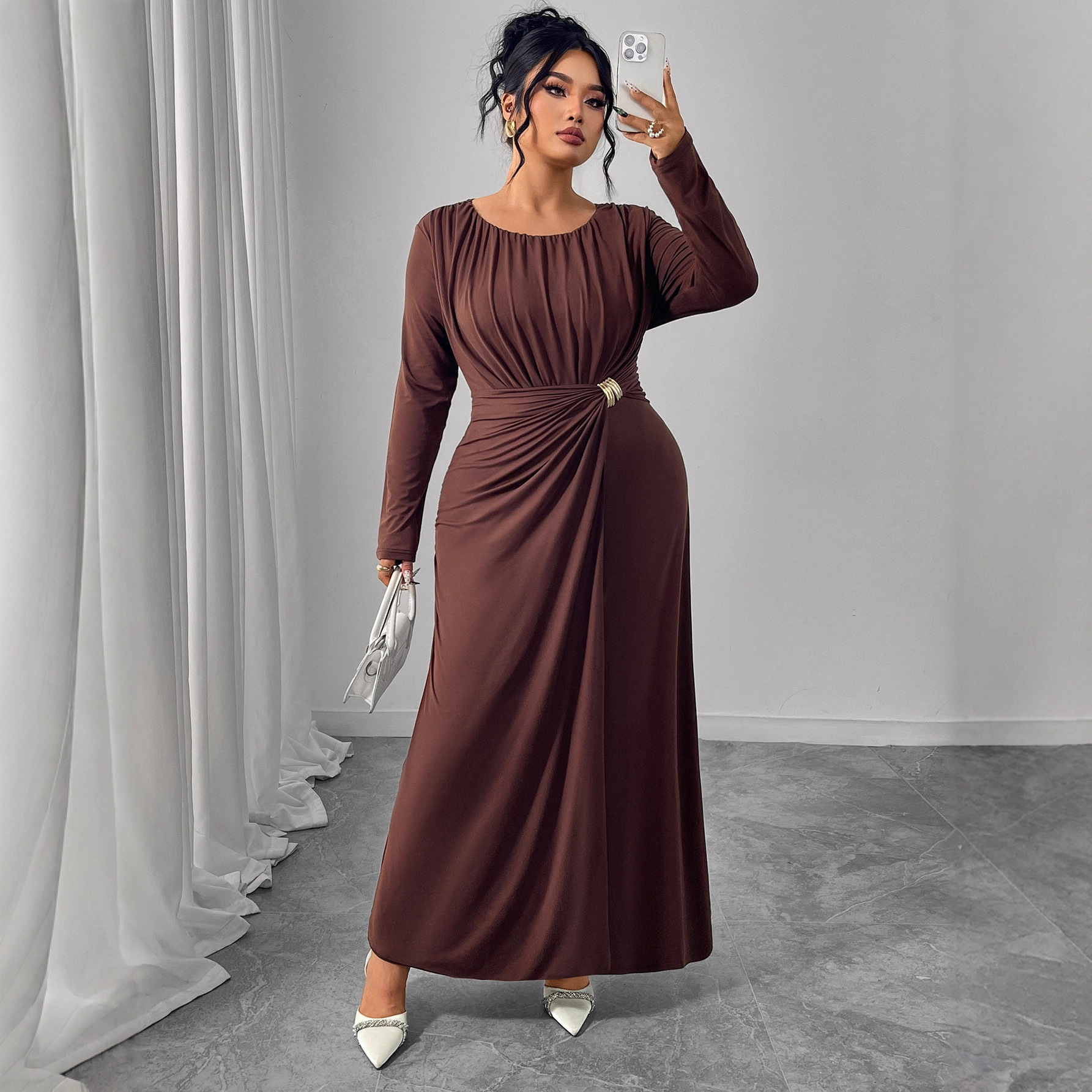 Plus Size Autumn Winter Brown Dress Women Clothes round Neck Long Sleeve Waist Design Pleated Dress