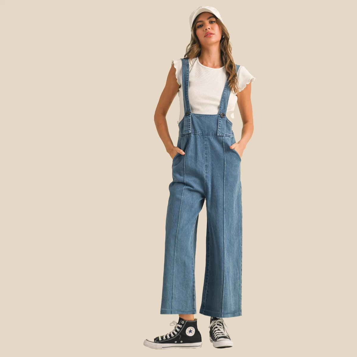 Autumn Retro Loose Straight Women Denim Suspender Pants