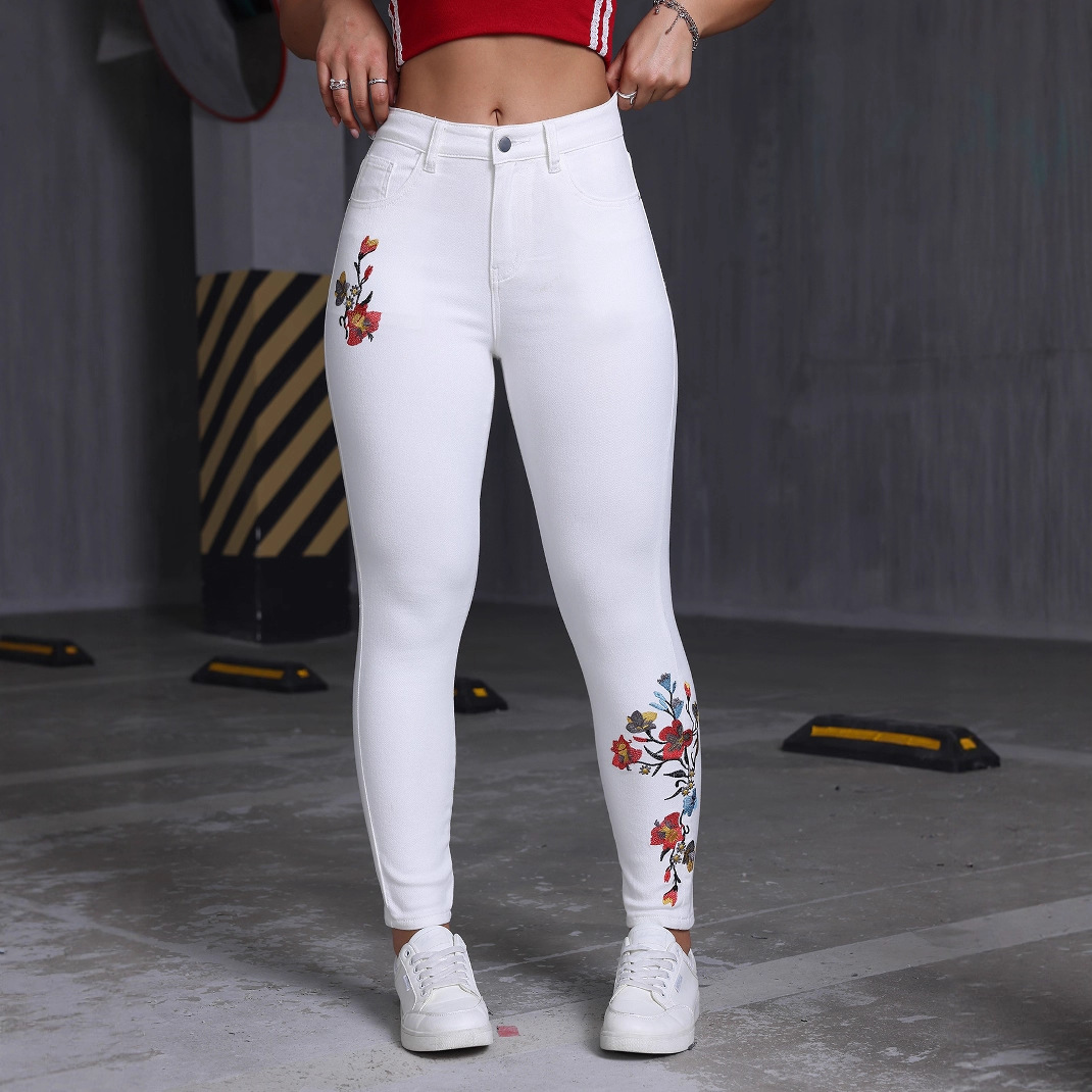 Floral Embroidered Skinny Stretch Jeans All Matching Casual Women Denim Skinny Pants
