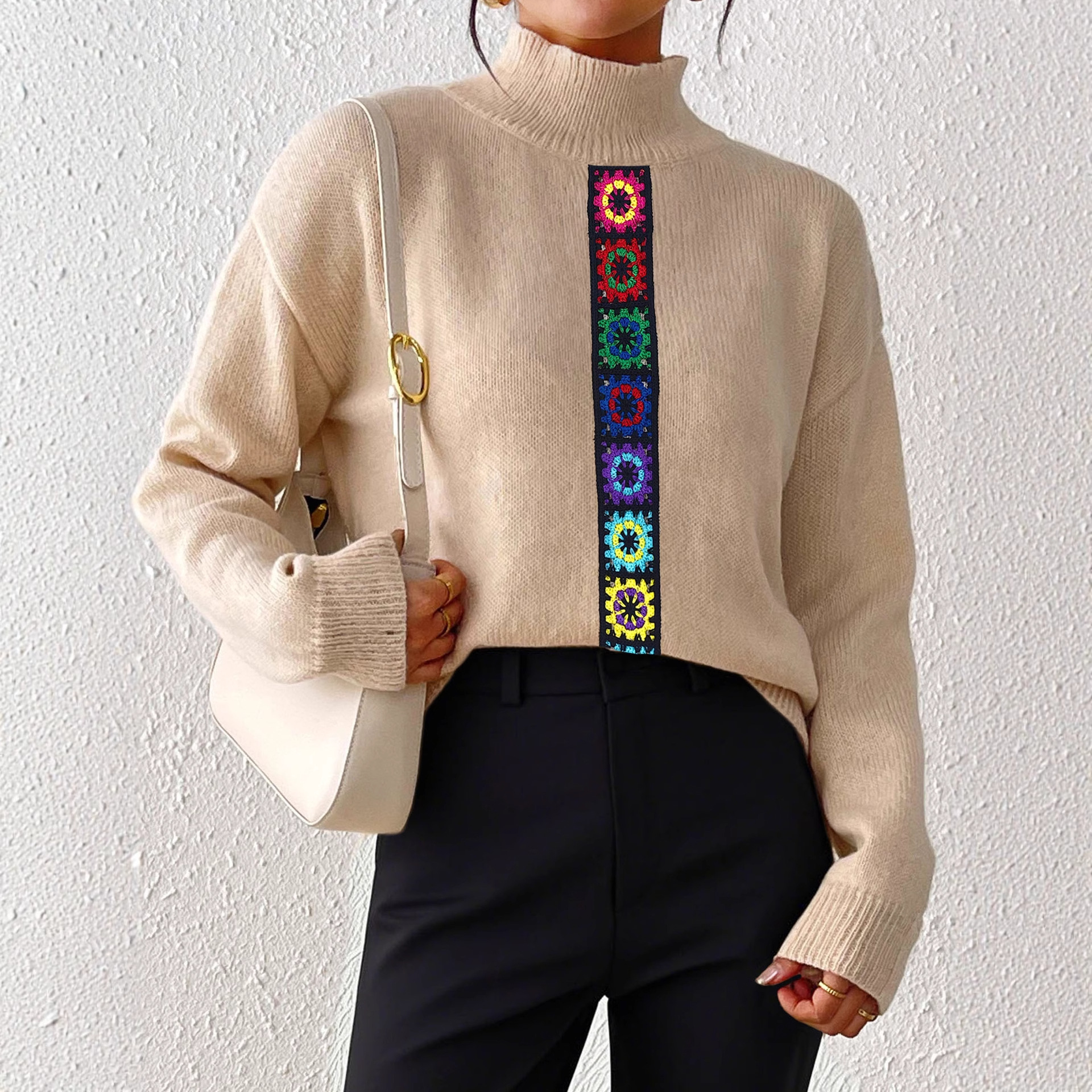 Women Clothing Personality Color Random Imitation Hand Crocheted Stitching Woven Top Pullover Sweater