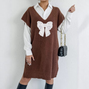 Autumn Winter Women Woolen Loose Large Vest Deep V Plunge Embroidered Butterfly Stitching Vest (Excluding Belt)