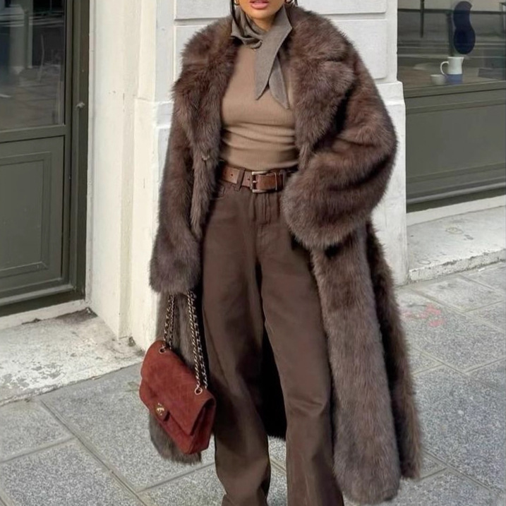 Winter Brown Fur Coat Extended Vintage Collar Faux Fur Coat High Grade Fox Fur Jacket Women
