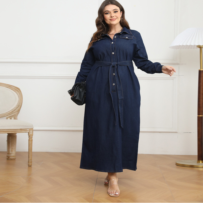 Plus Size Winter Women Clothing Collar Cardigan Washed Denim Dress - Image 3