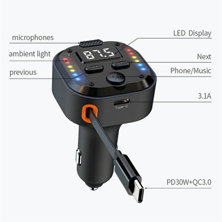 C69 PD 30W Fast Charger FM Transmitter Bluetooth Car Charger with Type-C Extendable Cable - Image 2