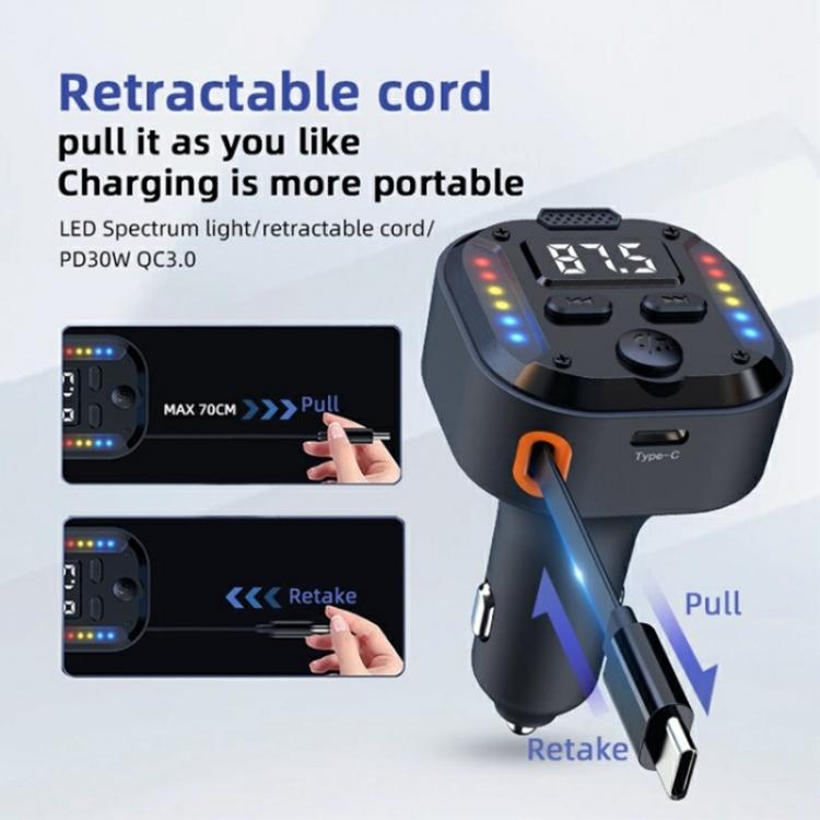 C69 PD 30W Fast Charger FM Transmitter Bluetooth Car Charger with Type-C Extendable Cable - Image 4