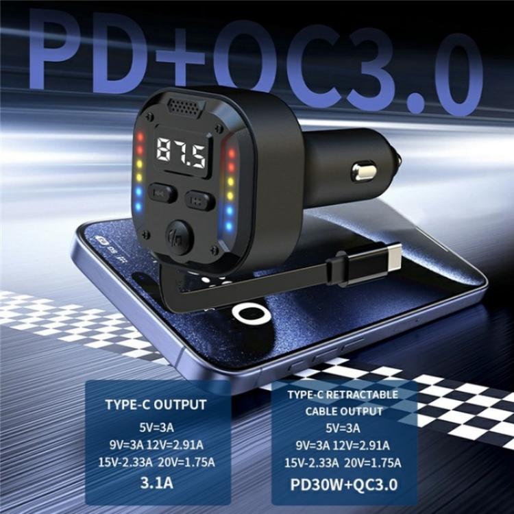 C69 PD 30W Fast Charger FM Transmitter Bluetooth Car Charger with Type-C Extendable Cable - Image 6