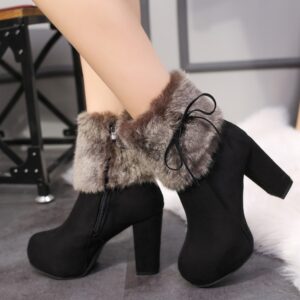 Autumn And Winter Thick High Heeled Padded Warm Suede Round Toe Boots, 40, 41, 42