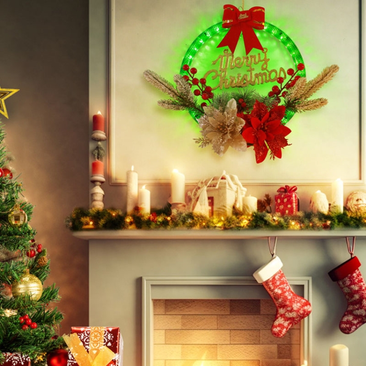 Christmas Wreath Timing Lighting Lights Door Decorations Pine Needle Ornaments Showcase, Red Flower, Golden Flower - Image 6