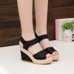 Summer Women Sandals Slope Heel Lace Open Toe Adhesive One Word Buckle Strap Muffin Thick Bottom Shoes, 35, 36, 37, 38, 39, 40, 41