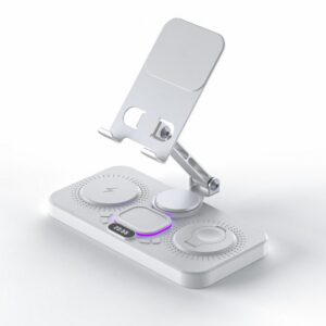 4-in-1 Fast Wireless Charging Station for Phone/Tablet/Apple Watch/AirPods Magnetic Foldable Stand with Clock Display & Cool Light Effect