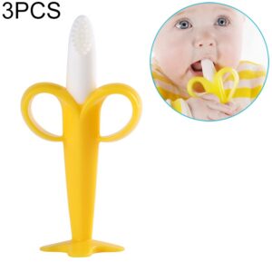 3 PCS Baby Silicone Training Toothbrush Banana Shape Safe Toddle Teether Chew Toys Teething Ring Gift for Infant Baby Chewing, Yellow-B