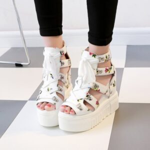 Summer Roman Sandals High Heel Floral Printed Cross Strap Women Shoes, 36, 37, 38, 39, 40, 41, 42