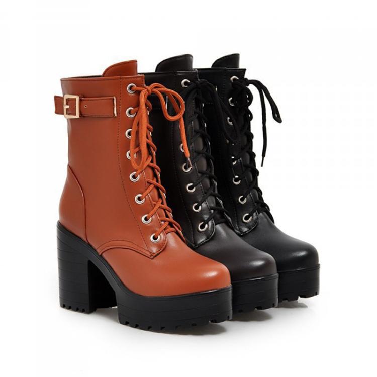 Women Lace-up Short Boots High Heels Platform Buckle Ladies Leather Boots, 34, 35, 36, 37, 38, 39 - Image 2