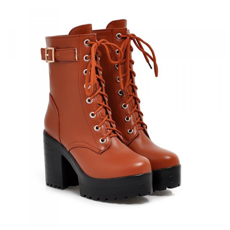 Women Lace-up Short Boots High Heels Platform Buckle Ladies Leather Boots, 34, 35, 36, 37, 38, 39 - Image 3
