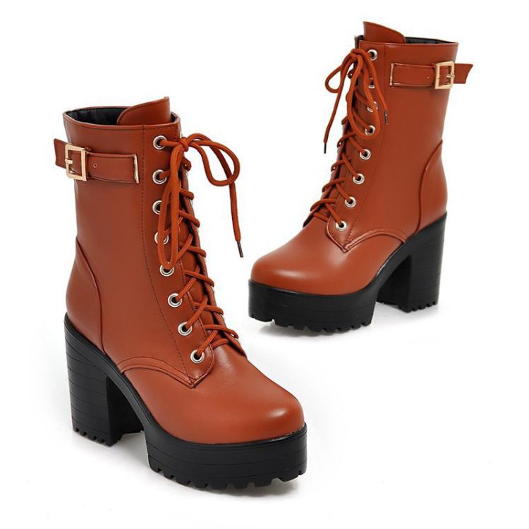Women Lace-up Short Boots High Heels Platform Buckle Ladies Leather Boots, 34, 35, 36, 37, 38, 39 - Image 4