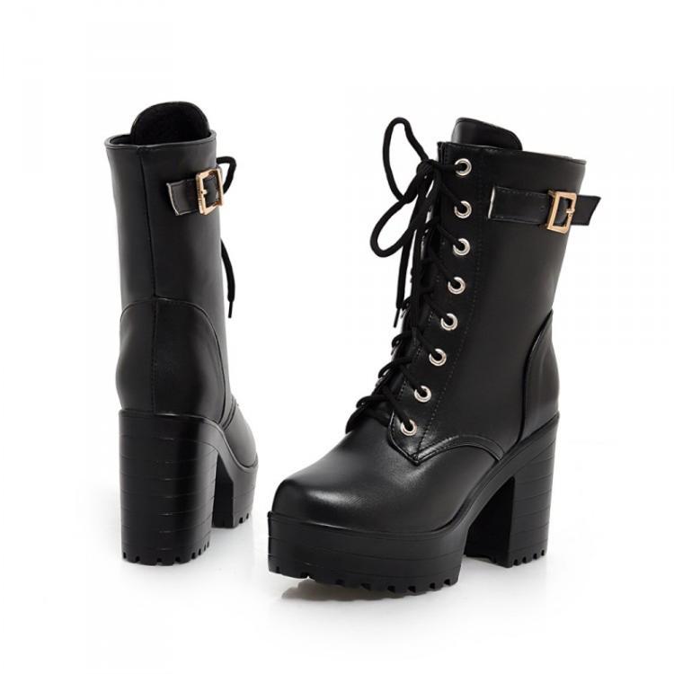 Women Lace-up Short Boots High Heels Platform Buckle Ladies Leather Boots, 34, 35, 36, 37, 38, 39 - Image 5