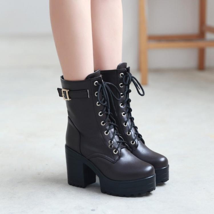Women Lace-up Short Boots High Heels Platform Buckle Ladies Leather Boots, 34, 35, 36, 37, 38, 39 - Image 6